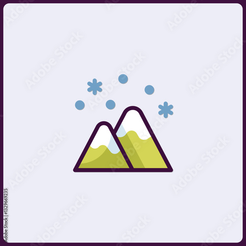 Stylized snowy mountain peaks icon with snowfall, minimalistic and cheerful