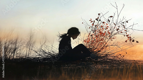 Silhouette of a tired and stressed woman.