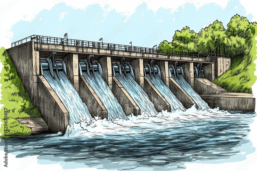 Illustration of a Water Dam with Flowing Water and Green Landscape Illustration of a Water Dam with Flowing Water and Green Landscape