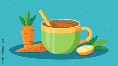 A warm cup of ginger herbal tea paired with crunchy carrot sticks for a refreshing midday snack.. Vector illustration