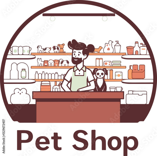 Pet shop seller at a counter in a store opposite shelves with pets care goods. Flat vector illustration. Small business owner at work concept. Accessories for animals care, food, cage, collars