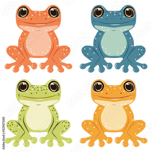 Colorful frog with expressive eyes in retro colors vector illustration isolated amphibian in orange green blue red wildlife nature toad character design exotic tropical animal vibrant detailed print