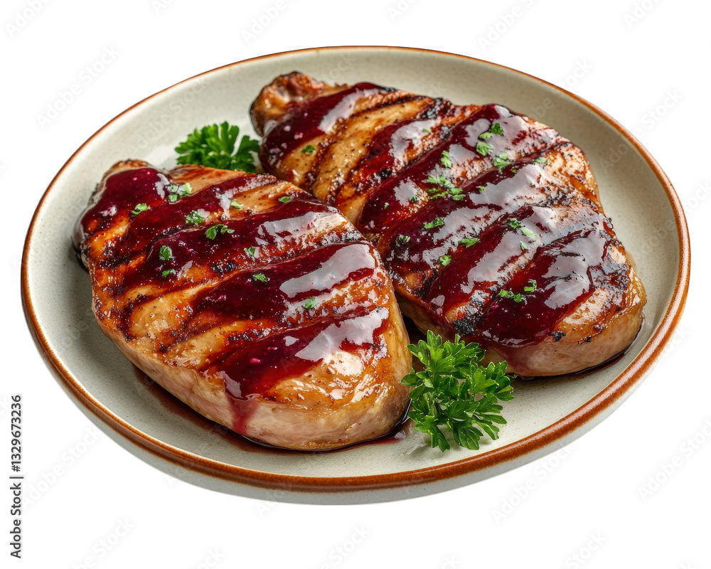 Grilled duck breast served on plate with rich berry sauce and garnished with parsley. This dish showcases delicious blend of flavors and textures Grilled duck breast served on plate with rich berry sauce and garnished with parsley. This dish showcases delicious blend of flavors and textures