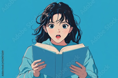 anime style, female teenage student reading a book and showing an expression of surprise 