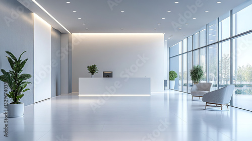 Modern office lobby with clean design, conveying simplicity and professionalism in a serene workspace.