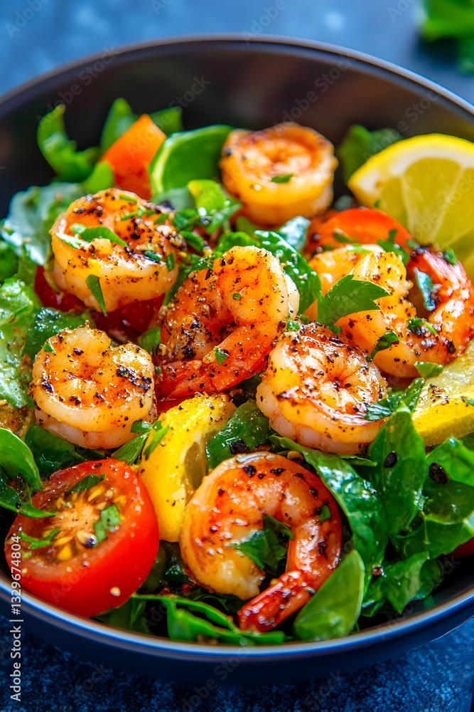 Delicious shrimp salad with fresh greens and vegetables Delicious shrimp salad with fresh greens and vegetables