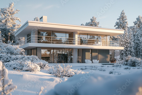 Modern minimalist winter house design snow covered landscape home cold view white trees style decor