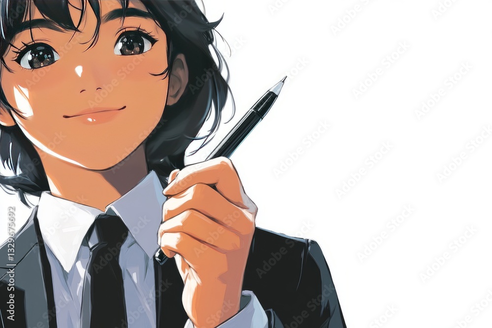 Anime style illustration, Entrance ceremony, 16-year-old, high school student, uniform, smiling, pose holding a pen, close-up Anime style illustration, Entrance ceremony, 16-year-old, high school student, uniform, smiling, pose holding a pen, close-up
