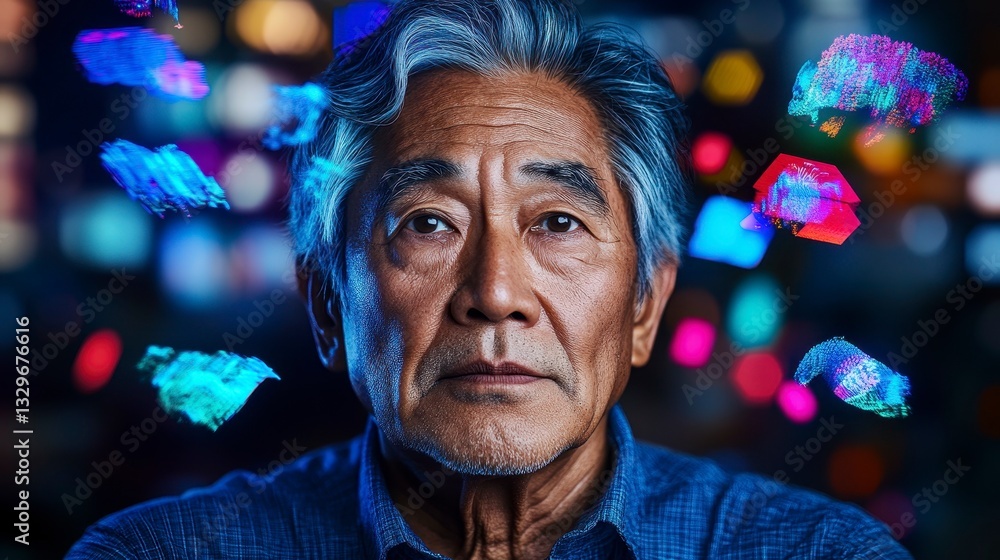 Pensive older Asian man gazing thoughtfully into the distance with digital patterns swirling around him, symbolizing contemplation Pensive older Asian man gazing thoughtfully into the distance with digital patterns swirling around him, symbolizing contemplation