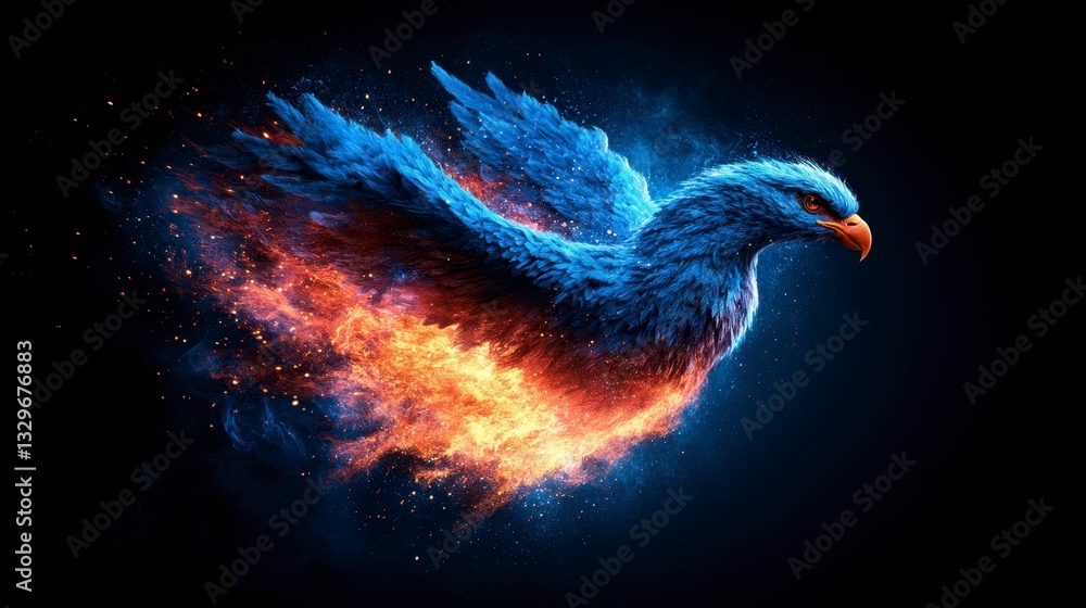 Fototapeta premium A majestic phoenix taking flight, surrounded by vibrant flames and ethereal blue feathers against a dark backdrop.