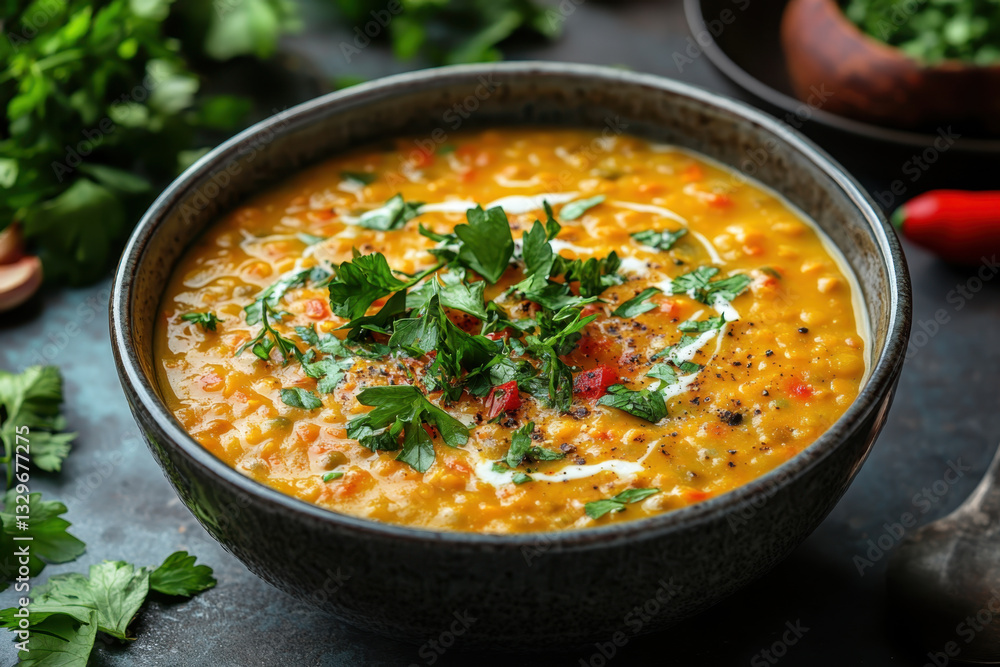 A bowl of soup on a table with a spoon and napkin. A bowl of soup on a table with a spoon and napkin.