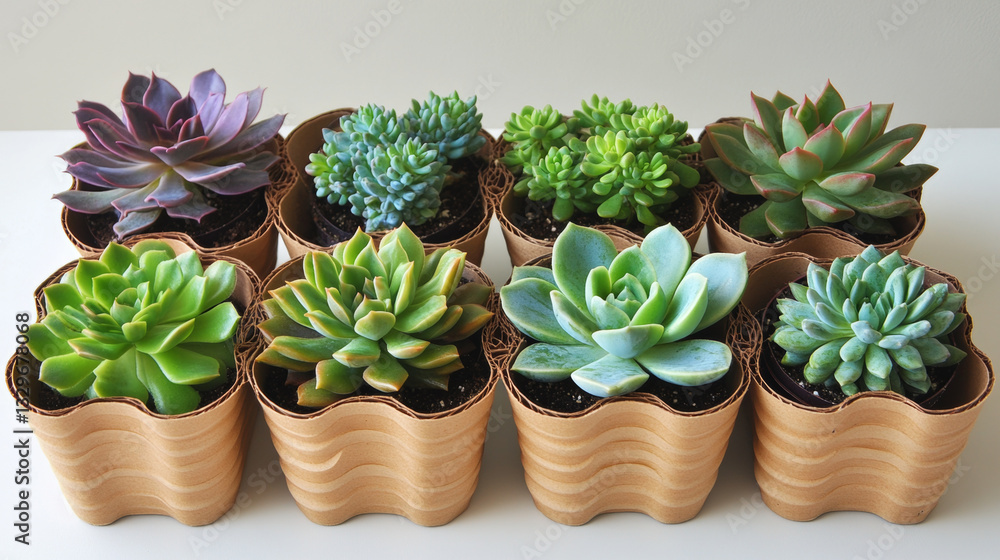 Fototapeta premium variety of succulents in small cardboard pots displayed on white surface