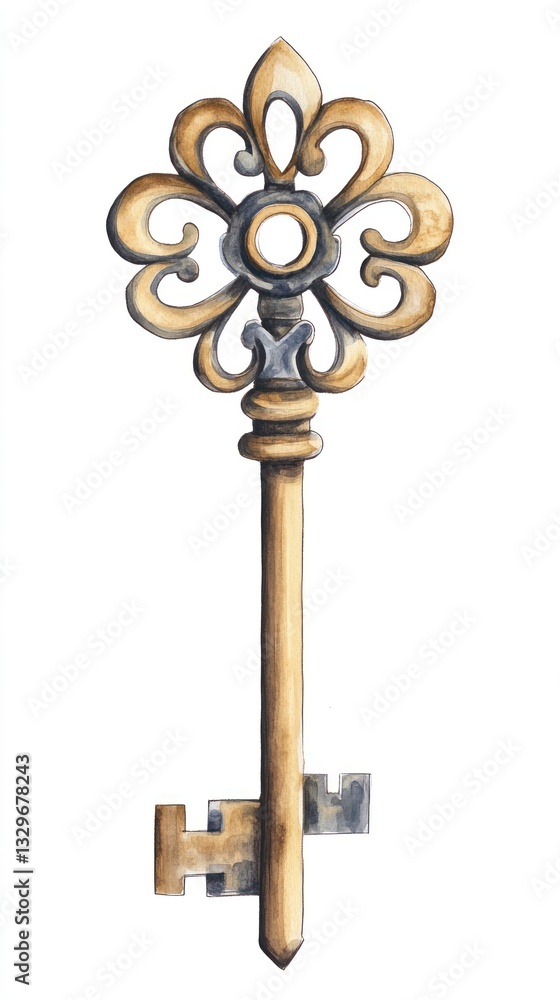Obraz premium Antique Ornate Key Watercolor Painting