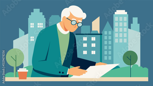 A retired architect serving on a city planning committee utilizing their expertise to ensure that all proposed projects are suitable and accessible for seniors.. Vector illustration