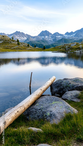 Serene alpine lake nestled amongst majestic mountains. Tranquil water reflects the sky and peaks. A fallen log rests on the shore