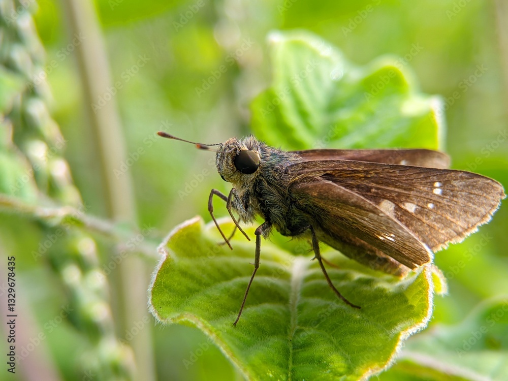 Borbo cinnara: Skipper Moth on Green Leaf Borbo cinnara: Skipper Moth on Green Leaf