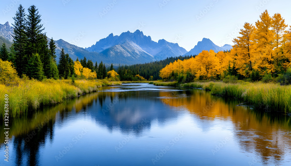 Serene autumnal landscape with a calm river reflecting mountains and colorful trees Serene autumnal landscape with a calm river reflecting mountains and colorful trees