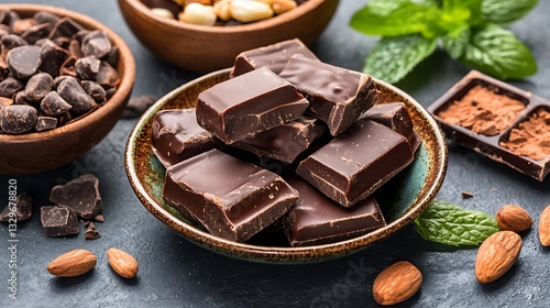Chocolate chunks in bowl, almonds, mint and nuts