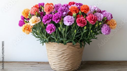 Wallpaper Mural colorful arrangement of carnations in textured pot on wooden surface Torontodigital.ca