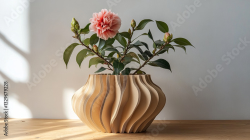 camellia plant in sculpted cardboard pot with pink bloom on wooden surface