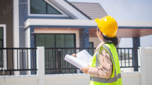 Wallpaper Mural A female engineer supervising construction work holds a blueprint in front of a house building. She is looking at the construction site of a housing project to check the quality standards. Torontodigital.ca