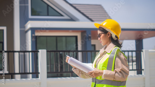 Wallpaper Mural A female engineer working while looking at the construction blueprints of a house building at the construction site of a housing project. Torontodigital.ca