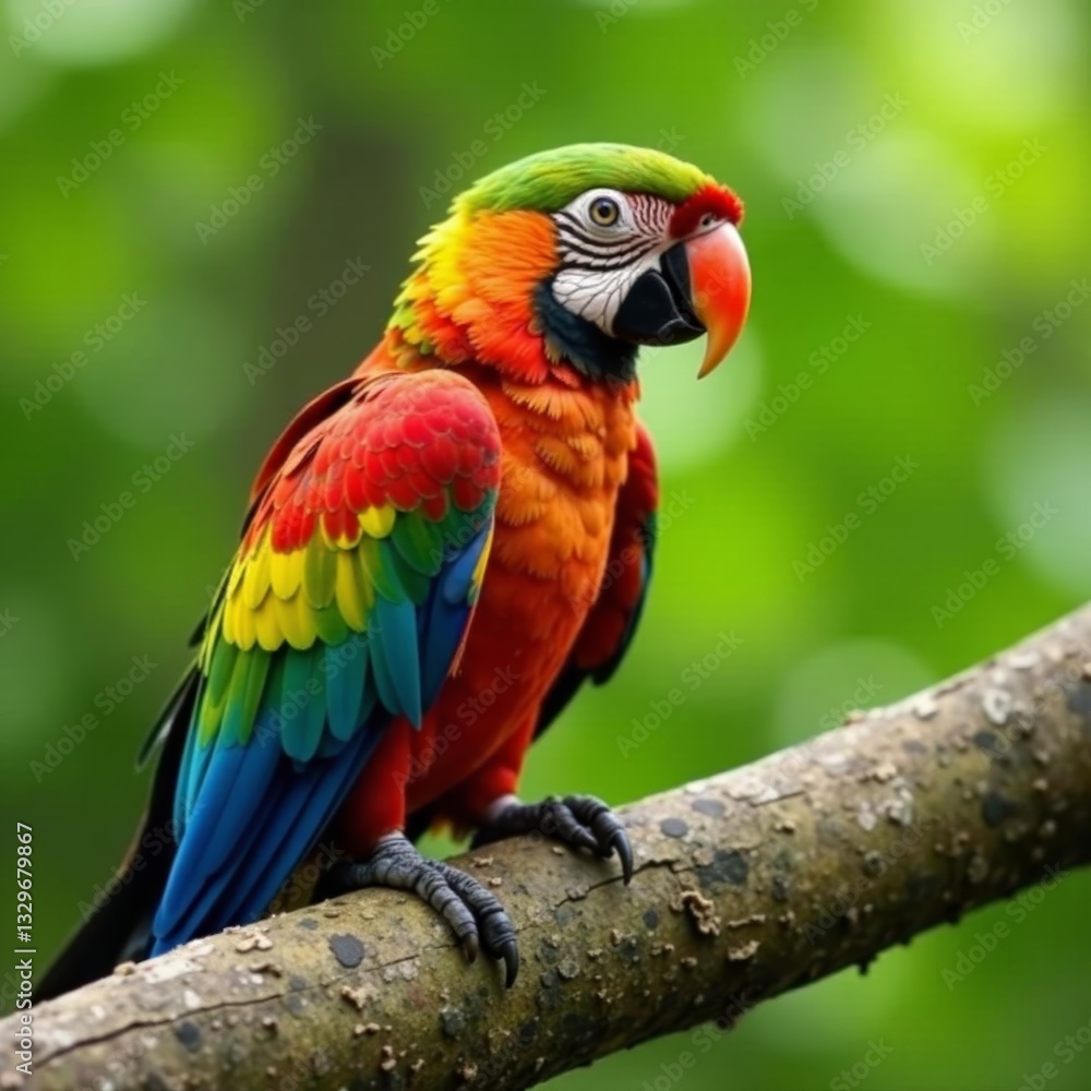Fototapeta premium Close-up of a colorful parrot resting on a textured tree branch, bird, texture, vibrant