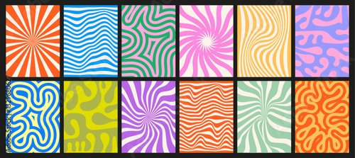 Collection of funky backgrounds with colorful patterns. Textures with groovy vector elements. Set of abstract decorative shapes with a hippie vibe.