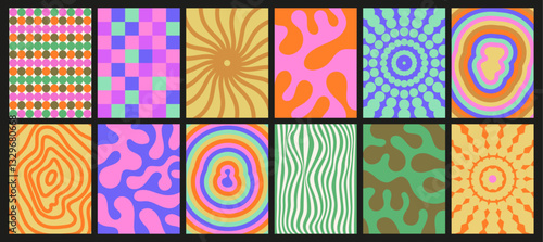 Collection of funky backgrounds with colorful patterns. Textures with groovy vector elements. Set of abstract decorative shapes with a hippie vibe.