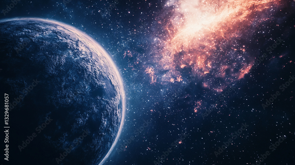 Obraz premium Stunning blue planet space scene with nebula and stars cosmic background sky art dark night light