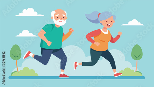 A devoted elderly couple maintaining a healthy lifestyle by hitting the pavement for a jog every morning.. Vector illustration
