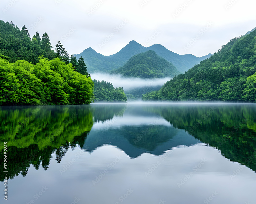 Serene mountain lake reflecting lush greenery Serene mountain lake reflecting lush greenery