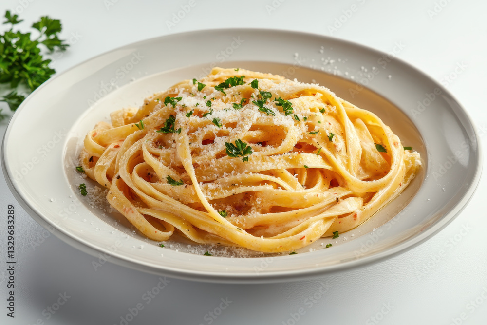Plate of pasta with parmesan and basil on a rustic wooden table. Plate of pasta with parmesan and basil on a rustic wooden table.