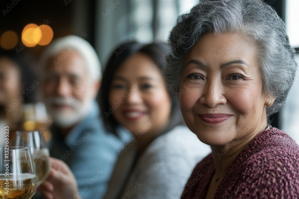 Seniors enjoying a joyful gathering at a cozy restaurant with drinks and warm smiles during an evening occasion Seniors enjoying a joyful gathering at a cozy restaurant with drinks and warm smiles during an evening occasion