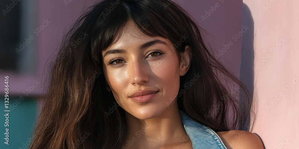 Young woman poses confidently in casual attire against a colorful urban backdrop during sunset Young woman poses confidently in casual attire against a colorful urban backdrop during sunset