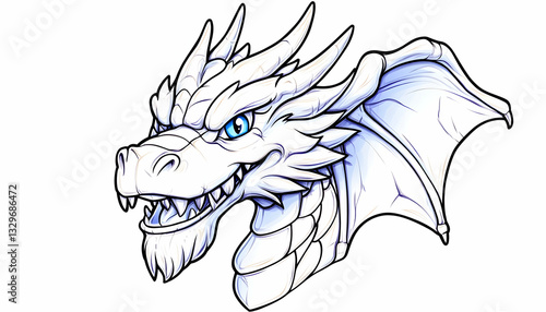 Detailed line art of a white dragon head
