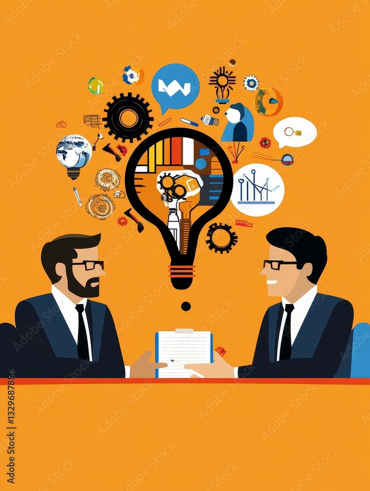 AI Brainstorming Session: Collaboration and Innovation - Two businessmen collaborate, ideas sparking above them, symbolizing teamwork, innovation, technology, strategy AI Brainstorming Session: Collaboration and Innovation - Two businessmen collaborate, ideas sparking above them, symbolizing teamwork, innovation, technology, strategy