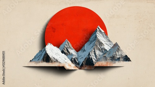 Snow Capped Mountains and Red Sun Minimalist Paper Art