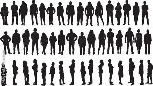 vector; silhouette of large group of people front and back view