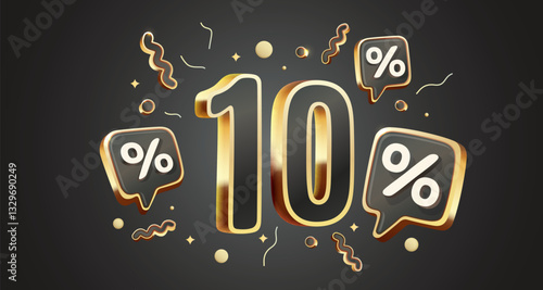Mega sale, 10 special offer banner. Golden sign board promotion. Vector illustration
