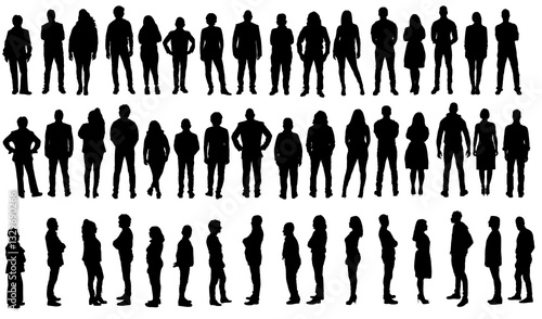   silhouette of large group of front, back and side view of same group of people on white background