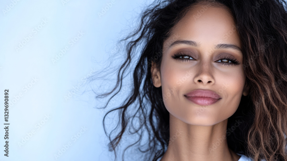 Obraz premium Smiling woman with curly hair poses confidently against a light backdrop