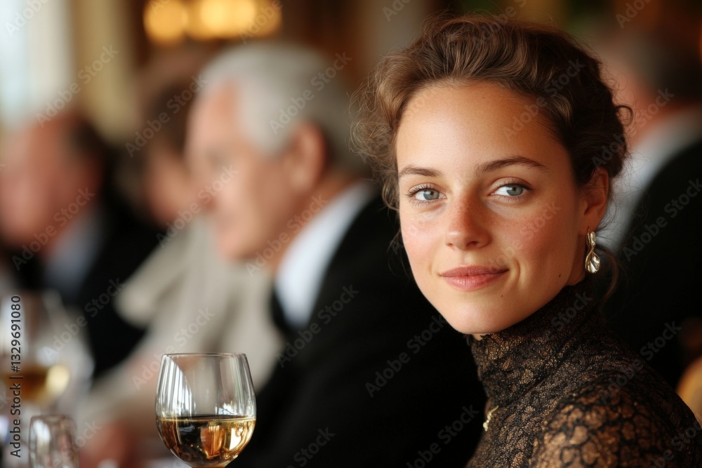 Elegant evening dining experience with a focused young woman enjoying a drink at a formal gathering Elegant evening dining experience with a focused young woman enjoying a drink at a formal gathering