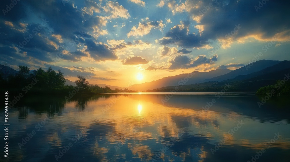 Fototapeta premium Serene Sunset Over Calm Lake and Mountains