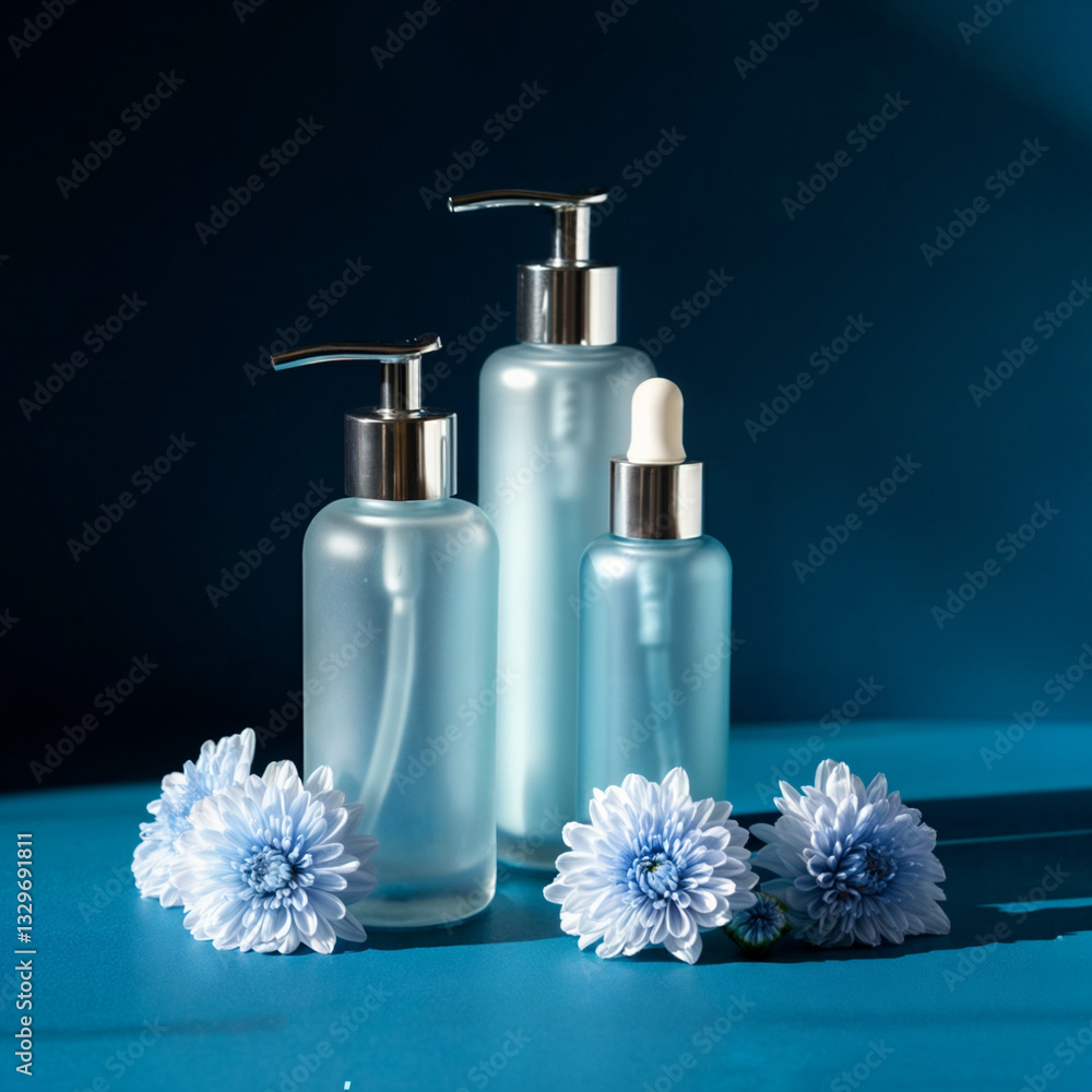 composition of cosmetics for skin care, blue glass composition of cosmetics for skin care, blue glass