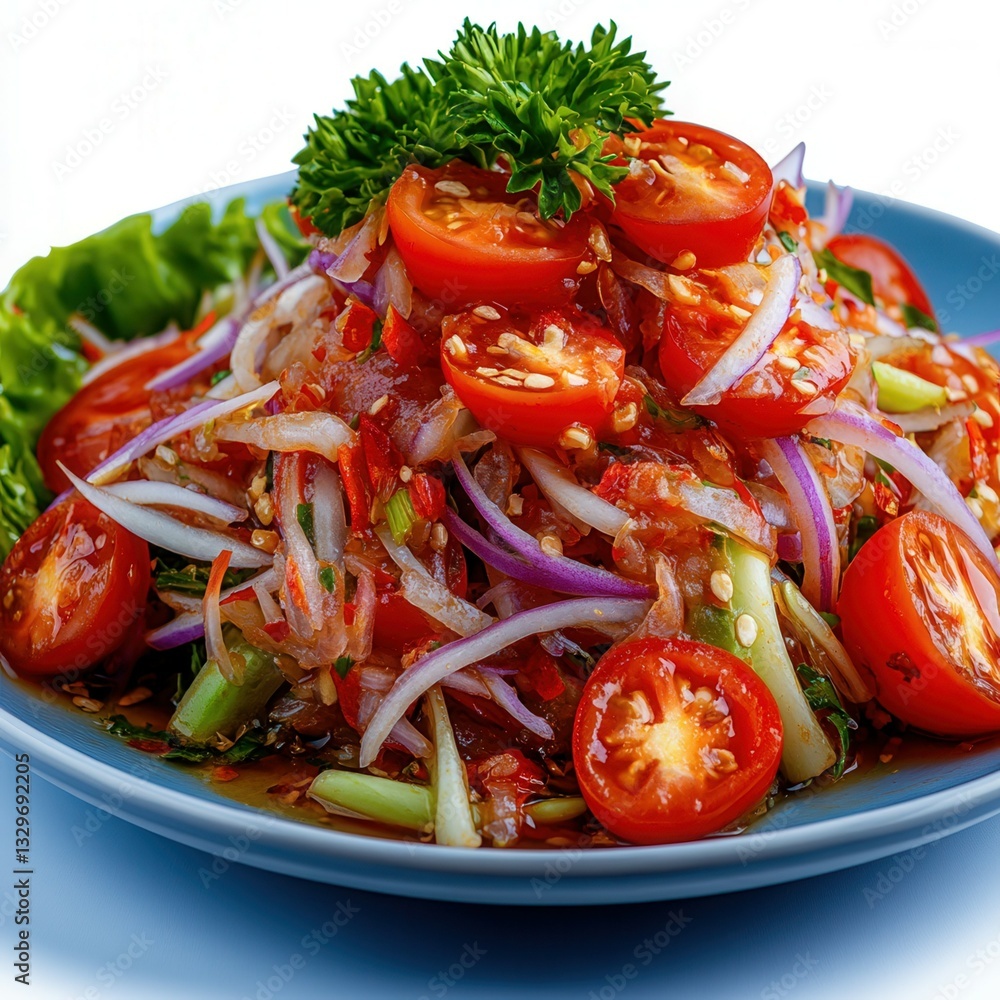 Fresh and Colorful Salad with Tomatoes, Onions, and Herbs on a Plate Fresh and Colorful Salad with Tomatoes, Onions, and Herbs on a Plate