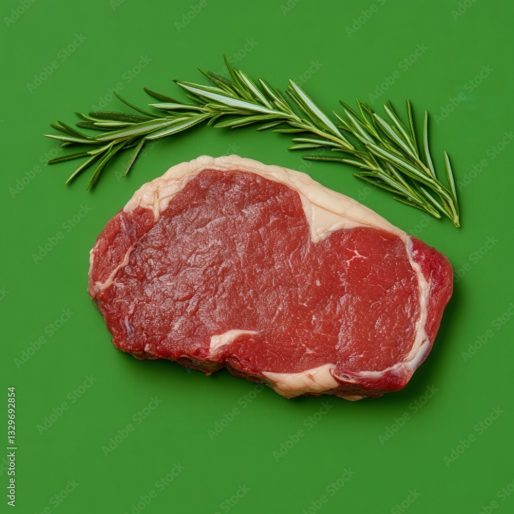 Fresh Raw Steak with Green Background and Rosemary Herb Accent Fresh Raw Steak with Green Background and Rosemary Herb Accent