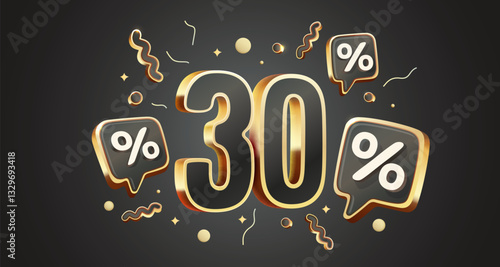 Mega sale, 30 special offer banner. Golden sign board promotion. Vector illustration