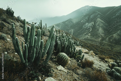 Desert landscape featuring tall cacti amidst rugged mountains, showcasing unique flora, vibrant greens, and earthy tones, ideal for nature and travel themes photo