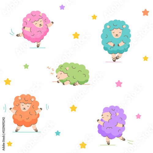 Cute sheep in pointe shoes dancing ballet, pattern